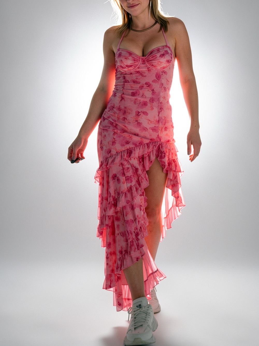 NWT Sugar thrill Pink Floral Ruffle Asymmetric Slip Dress Small